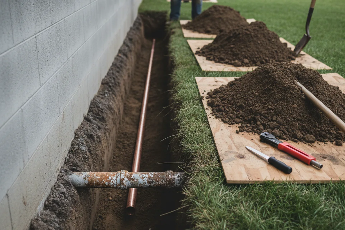 Excavated water line trench during Water Softener Installation in Bensalem